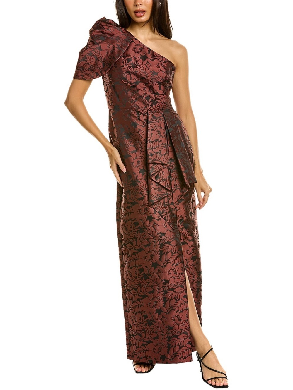 KAY UNGER Serena Gown One-Shoulder Burgundy Floral Jacquard Evening Dress 6